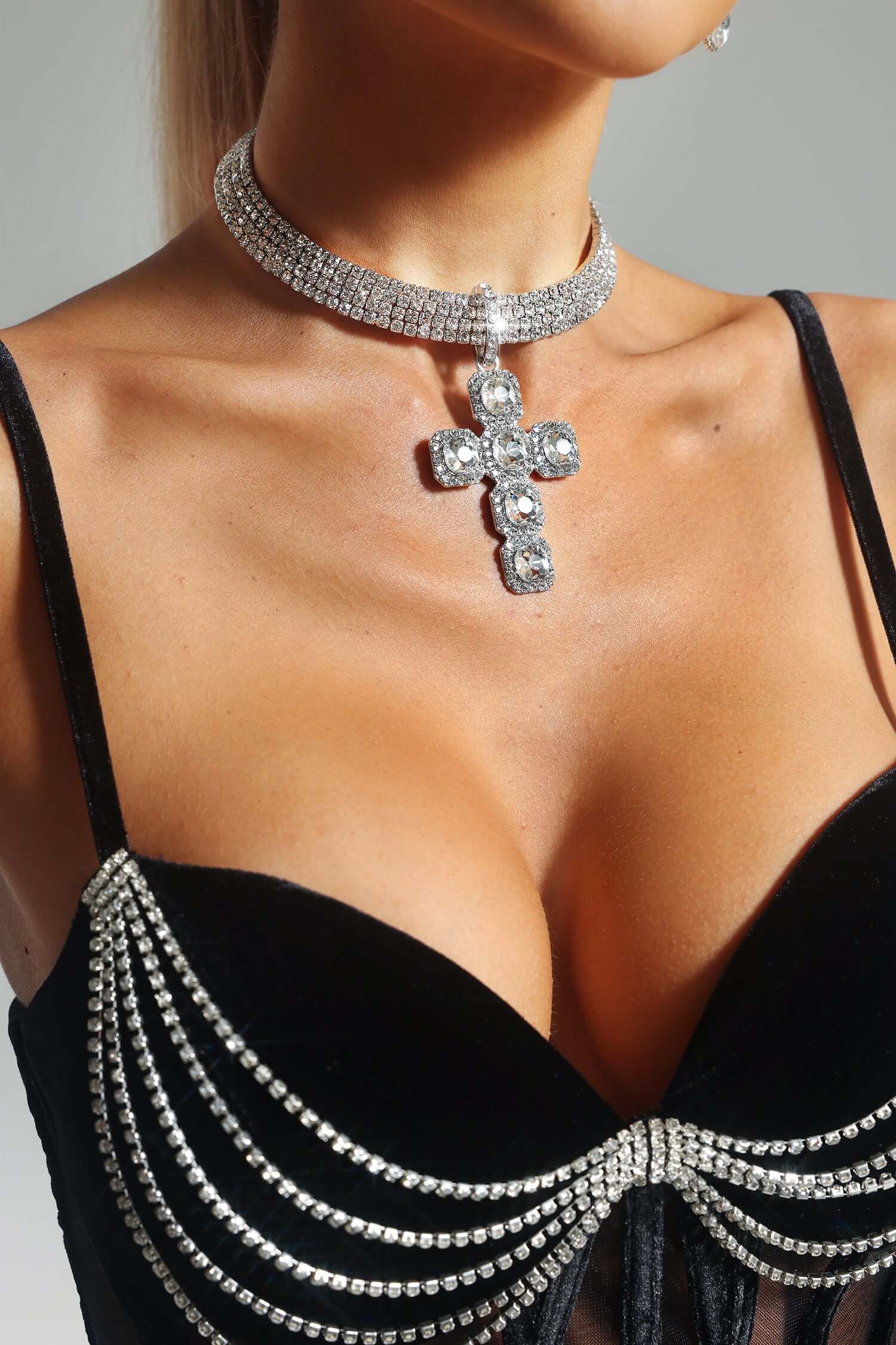Rhinestone Cross Pendant Choker - Nolah sally diamante cross necklace 1 1.jpg